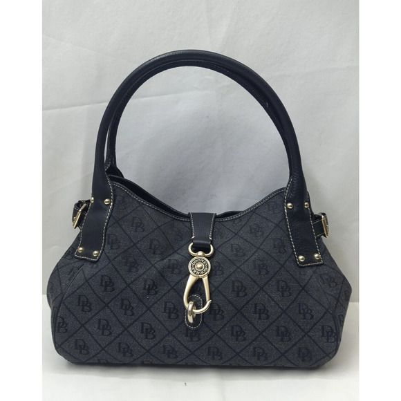 Dooney & Bourke Gray Canvas Leather Trim DB Printed Hook Satchel Shoulder Bag - Picture 1 of 16